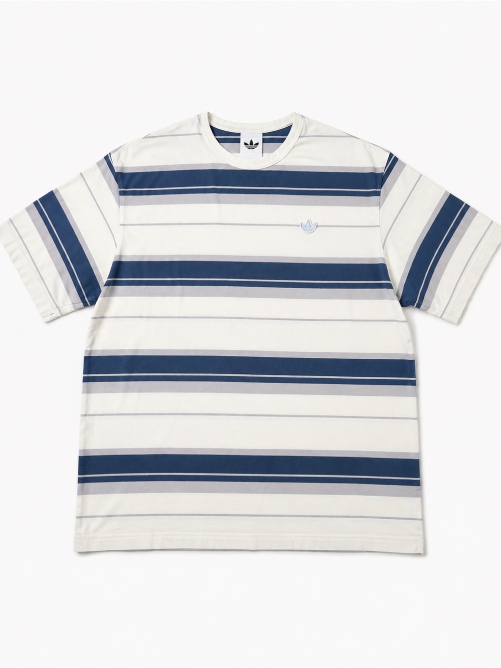Adidas Originals Trefoil Striped T Shirt Mens L Cream Navy Gray Retro Tee EUC